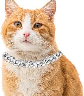 Halukakah Gold Chain Iced Out for Cat, Diamond Cuban Necklace Collar 14 mm Platinum White Gold Plated 22 cm Size M with Free Gift Box, Decoration Only