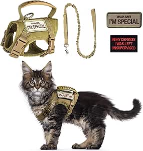 Tactical Cat Harness and Leash Set for Walking Escape Proof Adjustable Large Cat Harness with Patches Soft Mesh Padding Rubber Handle Easy Control (Khaki Harness