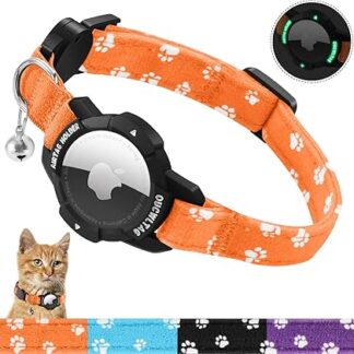 MASERFOLA Airtag Cat Collar with Luminous Apple Air Tag Holder, Safety Lock & Elastic Band, Cat Scratch Pattern Design, Adjustable Cat Collar (Orange, 20-30 cm)