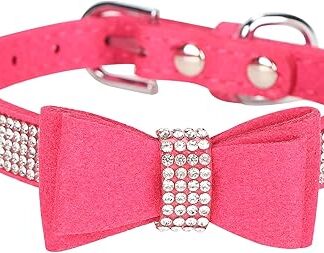 Crystal Bowtie Dog Collar, Pet Cat Dog Collar Necklace Jewelry, Cute Double Bowknot for Pet Show & Daily Walking, Pink Small Neck (S 37 x 1.5 cm)