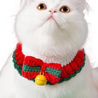 Mimoqk Christmas Cat Collar, Bowtie Collar with Bell, Soft Cotton Wool Collar, Handmade Knitting Kitten Collar, Pet Outfit Accessories, Festive Cat Bowtie, for Indoor Cats Kittens Puppies
