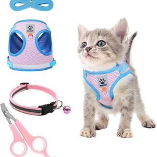 TYXHXTF Cat Harness with Lead Set, Cat Lead, Escape Proof, Adjustable, Cat Vest with Reflective Strips, with Cat Collar (XS, Pink)