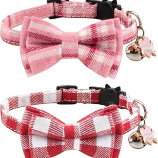 WANDIC Kitty Safety Plaid, 2 Packs Adjustable Cat Collar for Valentine's Day, Cat Collar with Bow Tie and Bell, Safety Clasp for Cats and Some Puppies