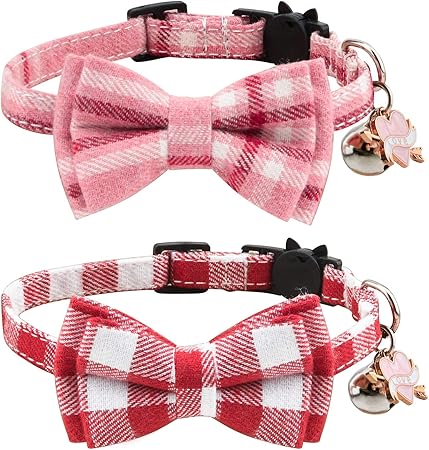 WANDIC Kitty Safety Plaid, 2 Packs Adjustable Cat Collar for Valentine's Day, Cat Collar with Bow Tie and Bell, Safety Clasp for Cats and Some Puppies