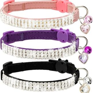 Keyoung FLYSTAR Cat Collar Breakaway with Bell - Cute Cat Collar for Boy Girl Cats - Rhinestones Bling Adjustable Soft Velvet Pet Collars for SML Cats, Puppy (Pink, Purple, Black)