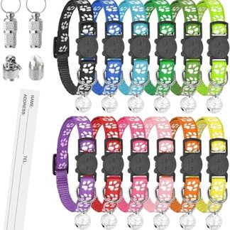 Cat Collar, Cat Collar with Name Address, Cat Collar with Safety Clasp and Bell, Reflective Collar Cat Adjustable (Pack of 12 + 2 ID Tags)