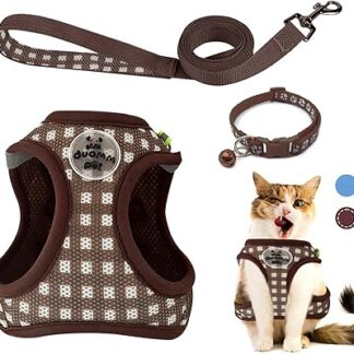 VINEST Cat Harness with Lead, Escape Proof for 2.5-5.5 kg, 150 cm, Reflective Cat Lead with Harness for Cats, Puppies, Soft Mesh Cat Harness, Escape Proof with Cat Collar (Brown, S)