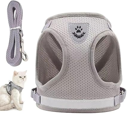 Cat Harness and Lead Escape Proof for Walks, Cat Vest with Reflective Strips for Kitten Dogs (Grey)