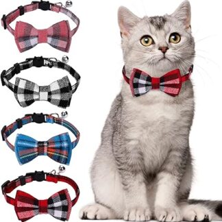 Giantree 4 x Cat Collars, Bow Tie with Bell, Breakaway, Kitten Collar for Girls, Boys, Cats, Cute Plaid Design, Adjustable Pet Collars, 7-12 Inch for Kitty Cats (4 Colours)