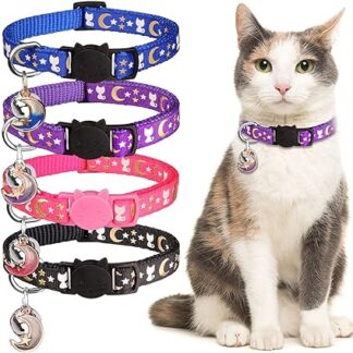 Hinialver 4 Pieces Cat Collars with Bell Breakaway Gold Moons and Stars Adjustable Safety Kitten Collars with Charm Glow in The Dark