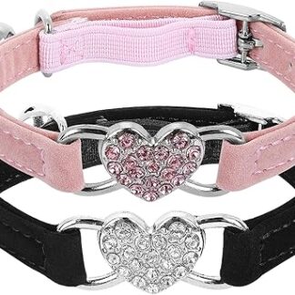 cobee Bling Heart Cat Collar with Bell, Adjustable Kitten Collar with Safety Belt, Rhinestone Pet Collar for Small Cats and Dogs (Pink) (Black + Pink)