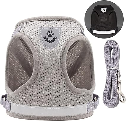 Qukaim Pet Supplies Hundegeschirr und Leine, reflektierend, verstellbare Weste, Geschirr mit 100 cm langer Leine für kleine und mittelgroße Hunde, atmungsaktives Design, Grau, Größe M