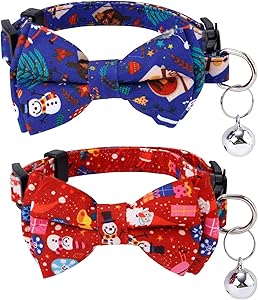 Pack of 2 Christmas Collar Cat, Christmas Cat Bow Tie with Bell, Christmas Collar Dog with Adjustable Buckle, Cat Collar with Bow, Christmas Accessories for Kittens, Puppies