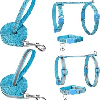 Reflektierendes Katzengeschirr und Leine, Katzenhalsbänder mit Glöckchen, ausbruchsicher, verstellbar, für kleine, mittelgroße Katzen, Blau, 2 Stück