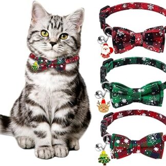 DIYDEC 3 Pieces Christmas Cat Collars, Breakaway Cat Collars with Bow Tie, Bells, Christmas, Adjustable, Chequered, Snowflake Collar, Safety, Quick Release for Puppies,