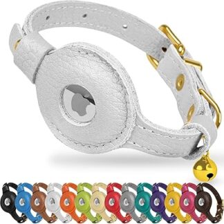 OOPSDOGGY AirTag Leather Cat Collar with Bell, Non-Tearable with Apple Airtag Holder, Lightweight GPS Pet Collar for Girls Boys Cats Small Dogs Puppy (White)