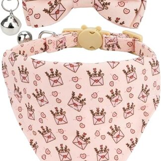 Gyapet Valentine's Day Cat Collar 2 Pieces Set Bowknot Bandana Bell Detachable Love Heart Cute Safety for Kitten Cat Small Pets [Bow+Bandana] Love Letter