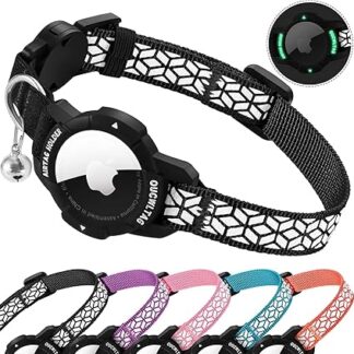 OUCWLTAG AirTag Breakaway Cat Collar, Reflective GPS Cat Collar with Luminous Apple Air Tag Holder, Cat Tracker Collars with Safety Rubber for Girls, Boys, Cats, Kittens and