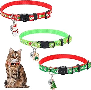 Pack of 3 Christmas Cat Collars, Dog Collars with Safety Clasp and Bells, Adjustable Collars for Cats’, Kittens’ and Puppies’ Needs + Pendants + Bell