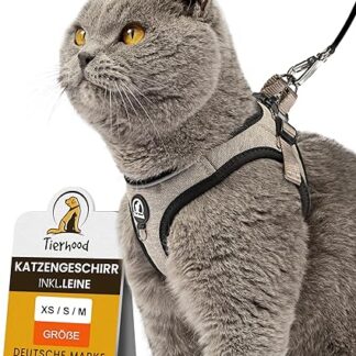 Tierhood - Cat Harness Set with Lead for Controlled Freedom - Soft Harness - Comfortable, Adjustable and Robust - Harness for Active Cats (Grey, Size M)