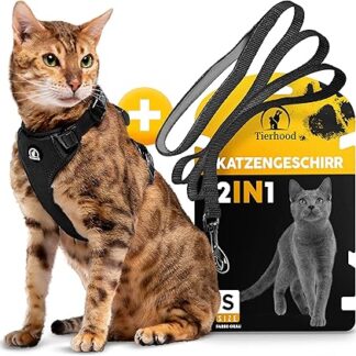 Tierhood® Cat Harness, does not need to be pulled over head - Includes Lead - for Small and Large Cats - Harness Set with Cat Lead - Cat Harness - Cat Harness - Cat Harness with Lead Escape Proof (S, Black)