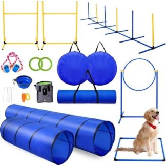 Agility-Kit für Hunde, tragbarer Hinterhof-Agility-Kurs mit gewebten Stangen, Reifenspringen, faltbarer Wassernapf und mehr für Indoor- und Outdoor-Training