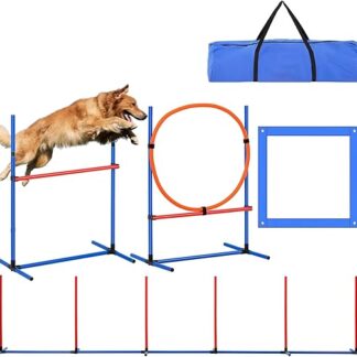 Hundeagilitätstrainingsausrüstung 4 PCs Set, verstellbare Hochhürden und Sprungring, Welpen -Hindernis -Kurs Sprungstarter -Kit mit Poles Aufbewahrungstasche für Garten, Innenräume, Outdoor