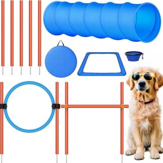 X XBEN Agility Set for Dogs, 6-Piece Agility Set for Dogs, Large Agility Set with Dog Tunnel, Hurdles, 5 Slalom Poles, Spring Ring, Break Box, Foldable Water Bowl, Carry Bag, Games & Training