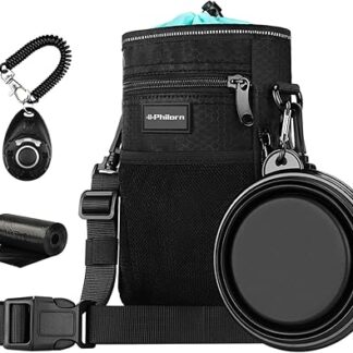 Philorn Treat Bag, Dog Food Bag, Waterproof Reflective Treat Bag with Poop Bag and Built-In Dispenser, Folding Bowl, Clicker - 3 Carry Types, Easy to Clean Liner