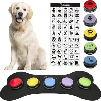 BUYVIKAY Set of 5 Colours Dog Button with Rubber Mat for Communication, Dog Talking Buttons with 50 Stickers, Pet Buttons, Train Your Dog to Say