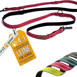 FIRSTPAW Dog Leash - Training Lead for Dogs - Red Dog Lead 2 m for Small, Medium and Large Dogs - Double Lead for 2 Dogs - Padded, Multifunctional and Adjustable Lead Dog