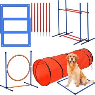 Hunde-Agile-Trainingsausrüstungsset, Hindernisparcours-Set mit 70-Zoll-Tunnelreifen-Sprunghürden-Sprungs-Slalomstangen für Spiele im Freien, Hundetrainingsset für drinnen und draußen