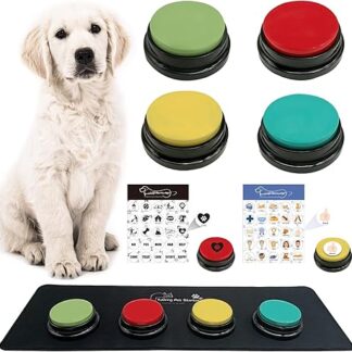 MMGGAISH 4 Dog Buttons for Communication, Writeable Buttons, Buttons for Dogs, 4 Buttons, 1 Rubber Pad, 50 Stickers, Train Your Dog to Talk