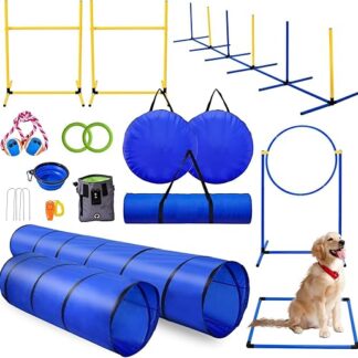Agility-Kit für Hunde, tragbar, mit gewebten Stangen, Reifenspringen, faltbarer Wassernapf und mehr, für drinnen und draußen