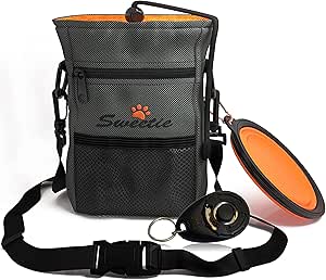 Dog Treat Bag with Storage Bag for Poop Bags Dispenser & Foldable Pet Travel Food Water Bowl Puppy Training Dog Walking - Adjustable Belt - Free Clicker