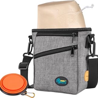 Ownpets Treat Bag for Dogs, Dog Training Bag, Treat Bag for Dogs, Snack Bag with Waste Bag Hole, Foldable Water Bowl, Adjustable Shoulder Strap, Waist Belt and Clip, Grey