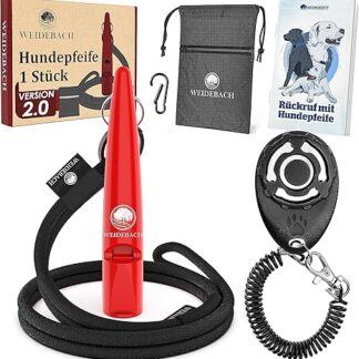 Weidebach® Dog Whistle with Loud and Consistent Sound for Training with Dog, Standardised Frequency, Comfortable Band and Mouthpiece, Includes E-Book + Treat Bag for Successful Recall Training, Red
