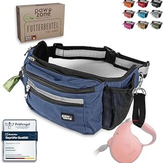 PAWZONE Dog Food Bag - Treat Bag for Dogs - Bum Bag for Dogs Accessories - Treat Bag for Dogs - Includes Reflective Band and Additional Strap for Flexible Lead (Navy Blue)