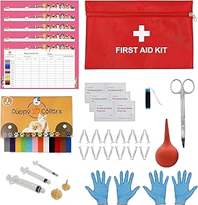 SQUARECIRCLE Complete Dog Throwing Kit with Feeding Nipples, Recording Charts, ID Collars, Teats, Cord Clamps and More - Essential for Newborn Puppies (Red without Pad)