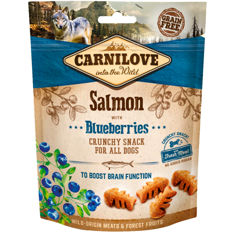 Лакомство для собак Carnilove Хрустящее лакомство Лосось с черникой и свежим мясом 200 г Хрустящее лакомство с лососем и ягодами