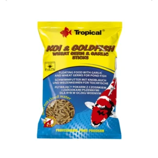 Тропические палочки для прудовых рыб кои и золотых рыбок с зародышами пшеницы и чесноком, пакет 1 л (90 г) с чесноком и зародышами пшеницы