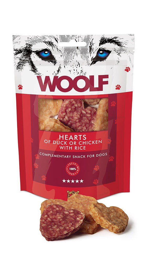 Woolf УТИНЫЕ ИЛИ КУРИНЫЕ СЕРДЦА С РИСОМ 100 Г лакомства из птицы для собак