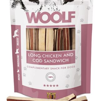 Мягкий длинный сэндвич с курицей и треской Woolf 100 г. Длинный сэндвич с курицей и треской