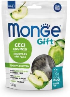 Monge Snack Cane Gift, snack per cani di tutte le taglie, gusto Ceci con Mela, senza cereali, favorisce il supporto intestinale | 3 confezioni da 150 grammi l’una.