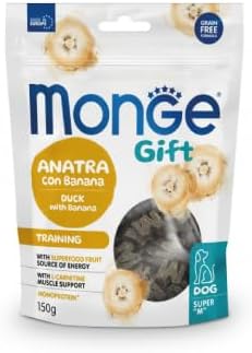 Monge Snack Cane Gift, snack per cani di tutte le taglie, gusto Anatra con Banana senza cereali, favorisce il supporto per l'affaticamento fisico | 3 confezioni da 150 grammi l’una.