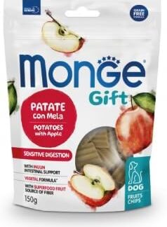 Monge Snack Cane Gift, snack per cani di tutte le taglie, gusto Patate con Mela, senza cereali,favorisce il supporto intestinale | 3 confezioni da 150 grammi l’una.
