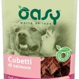 Oasy Snack Cane, deliziosi cubetti di salmone per cani adulti e cuccioli di tutte le taglie | 3 confezioni da 100 grammi l’una.