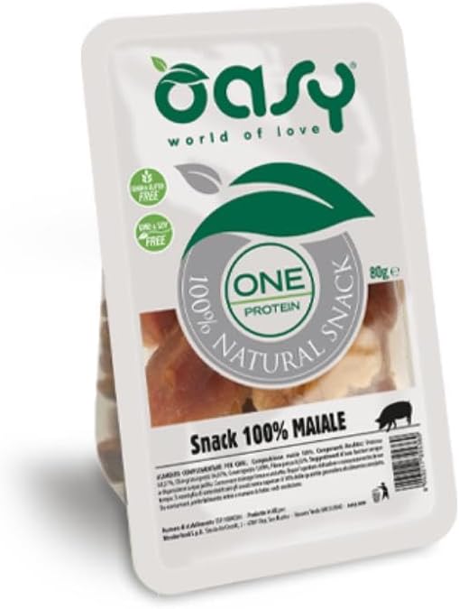 Oasy snack per cani cuccioli e adulti 100% MAIALE grainfree monoprotein | 3 confezioni da 80 grammi l'una.