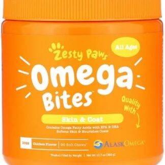 Zesty Paws, morsi Omega per cani, pelle e cappotto, tutte le età, sapore di pollo, 90 morbidi masticatori