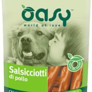 Oasy Snack Cane, deliziosi salsicciotti di pollo con ossi al calcio per cani adulti e cuccioli di tutte le taglie | 3 confezioni da 100 grammi l’una.